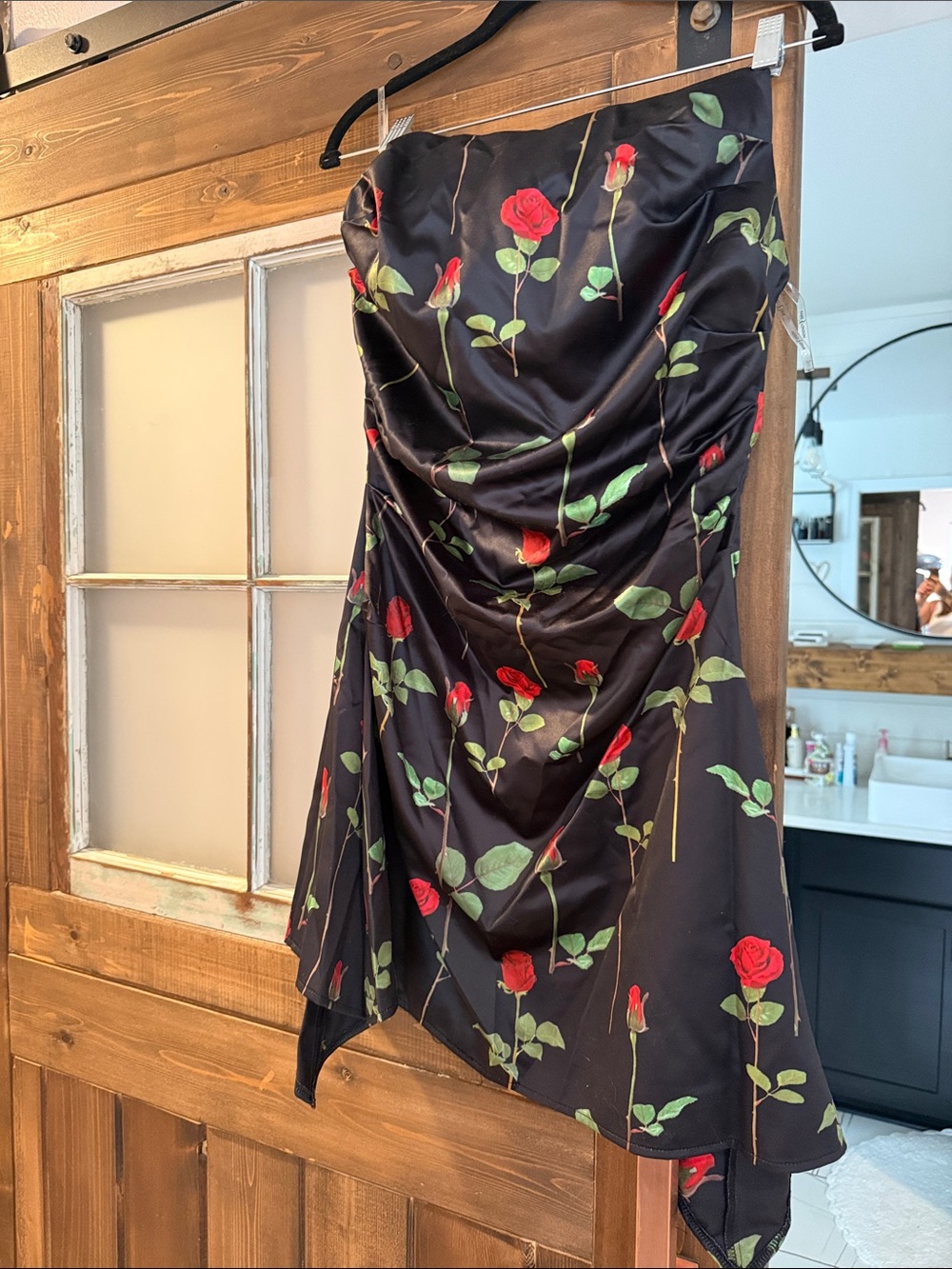 Rare London Black Strapless Dress with Red Rose Print